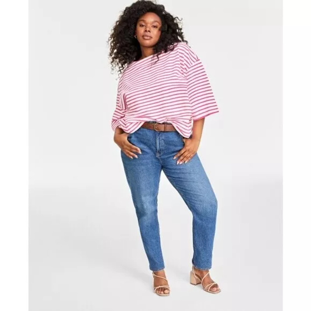On 34th Plus Size Heavyweight Cotton Pink Striped Boat-Neck 3/4 Sleeve Top NWT - Picture 2 of 6